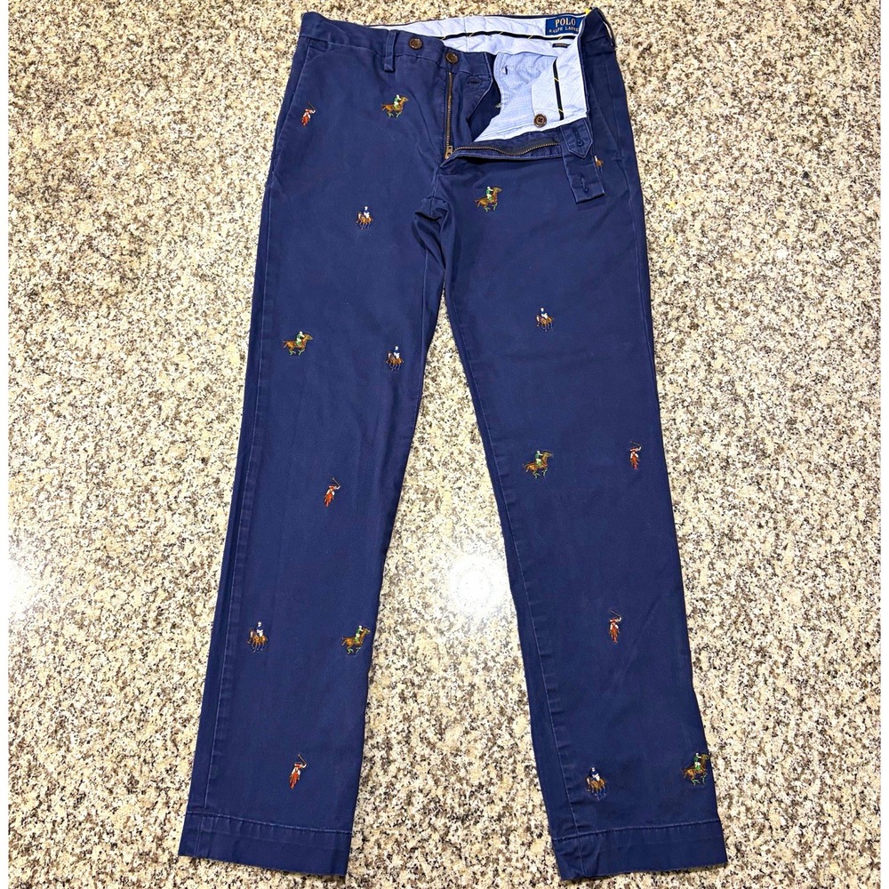 Polo Ralph Lauren Chinos Mens 30x30 Navy Blue All Over Embroidered Polo Player